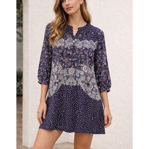 Saloni Navy Mixed Paisley Polka Dot Lace Up Mini Dress Womens US 6 UK 10